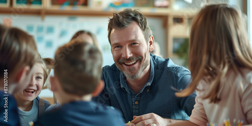 Erzieher sitzt mit Kindern im Kindergarten