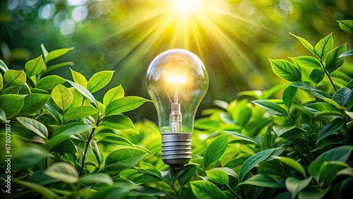 A bright light bulb surrounded by lush green leaves on a vibrant green background, symbolizing eco-friendly sustainable living and renewable energy concepts with copy space.