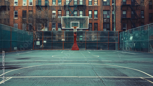 Empty basketball court or stadium for playing basketball, shooting ball outdoors, urban sports park or playground for recreation and exercise, fitness. Concept of competition and training.