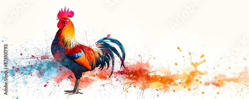 Colorful rooster with watercolor splashes.