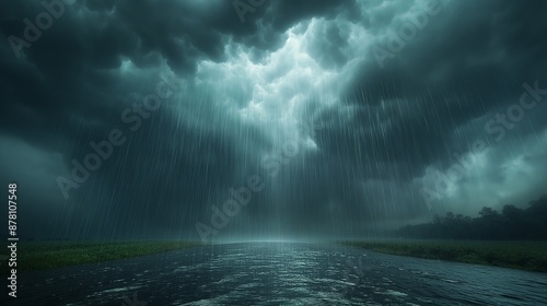 A dramatic stormy sky with dark clouds and heavy rain pouring down over a landscape