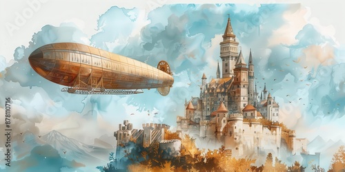 An illustration of a steampunk airship flying over a medieval castle