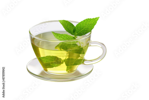 Tranquil Elixir: A Cup of Green Tea With Fresh Mint Leaves on White or PNG Transparent Background.