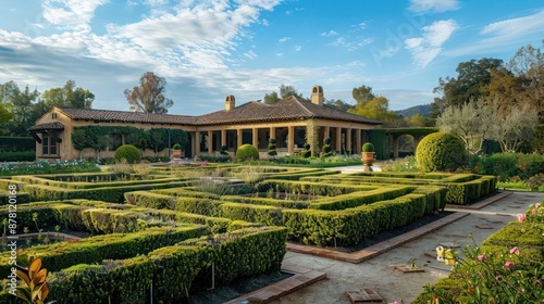 Elegant ranch with a formal parterre garden, meticulously designed with symmetrical beds and low hedges