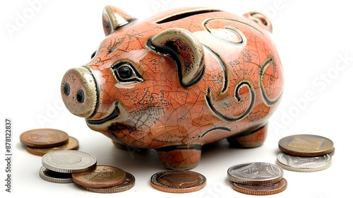 **A piggy bank with a coin slot isolated on a solid white background
