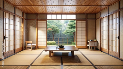 A minimalist Japanese tea room punctuated by tatami mats low tables and sliding shoji doors , sliding, mats, tables, tatami, room, minimalist, Japanese