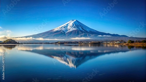 A serene lake reflecting the snow capped peak of Mount Fuji under a clear blue sky , reflecting, snow, peak, capped, lake, blue, clear, serene