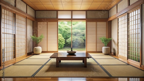A minimalist Japanese tea room punctuated by tatami mats low tables and sliding shoji doors , shoji, tables, sliding, minimalist, Japanese, doors, punctuated