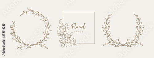 Hand drawn floral frames with flowers, branch and leaves. Elegant logo template. Vector illustration for labels, branding, business identity, wedding invitation