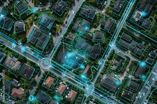 Aerial view of a smart city suburb featuring connected homes, green spaces, and advanced technology. AIG62