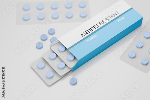 Medicine antidepressants are scattered on a white table. Blue antidepressant pills in a box. Box with medicine. 3D render.