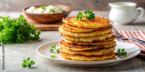 Traditional Polish potato pancakes arranged in a stack on a plate , placki ziemniaczane, placki, polish cuisine