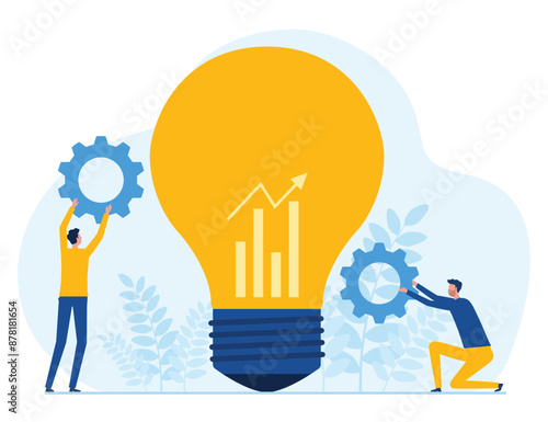 Flat vector illustration business team meeting for brainstorming and business creative process and concept with two businessman hold gear beside lightbulb 