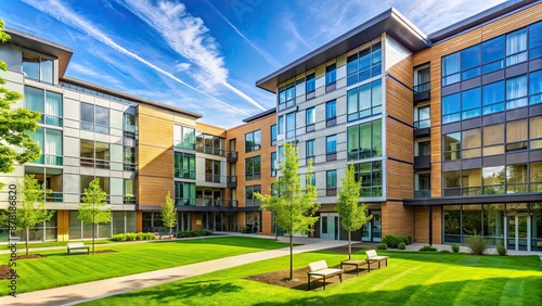 Modern student residence hall on a college campus with glass windows and green landscaping, Torgersen Hall