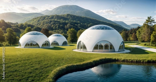 serene landscape of white geodesic domes resting on a grassy hill, with a tranquil pool at their center and a backdrop of majestic mountains.