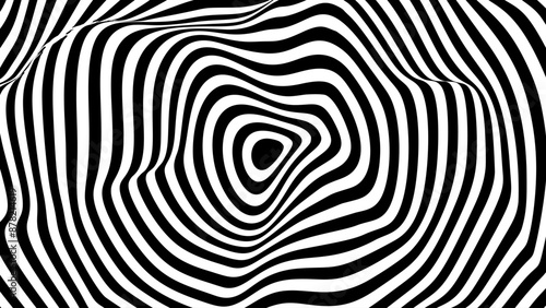 Psychedelic Warped Lines Optical Illusion Texture. Abstract Geometric Background Vector Design. Black and White Modern Pattern Op Art Illustration.