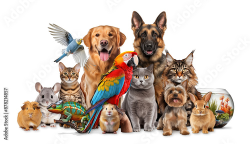 Cute group of various pet like dog cat parrot or rabbit isolated white background. furry domestic animal veterinary concept