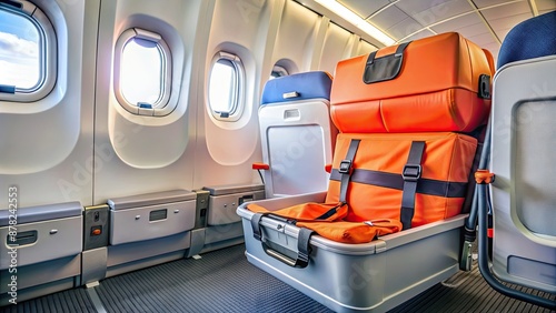 Life vest stowage box under seats on an airplane , Aviation, safety, emergency, equipment, storage