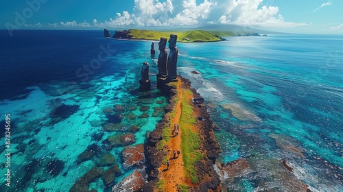 Ancient Moai Statues on Easter Island Coastline