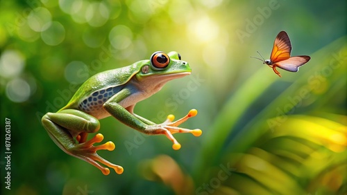 A cute green frog is jumping joyfully and trying to catch a butterfly, trying, butterfly, green, frog, catch