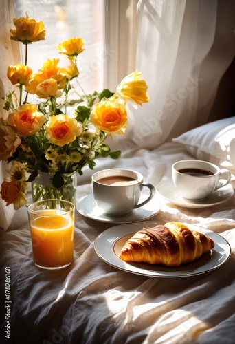 cozy breakfast setting bed fresh relaxing morning ambiance, flowers, comfortable, homey, interior, design, aesthetic, beautiful, stylish, elegant, peaceful, tranquil