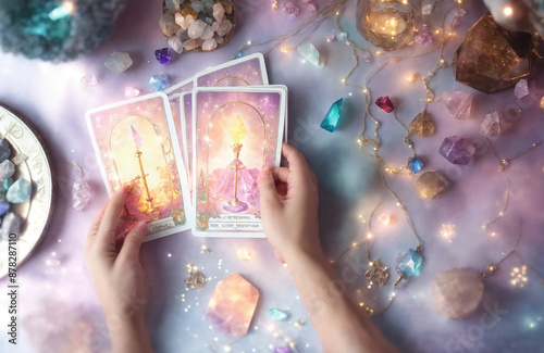 Shiny pastel coloured Tarot Reading Session with Crystals - AI generated