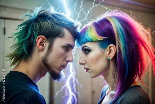 Man and woman are complex relationships in the family. Lightning as a symbol of aggression and violence.