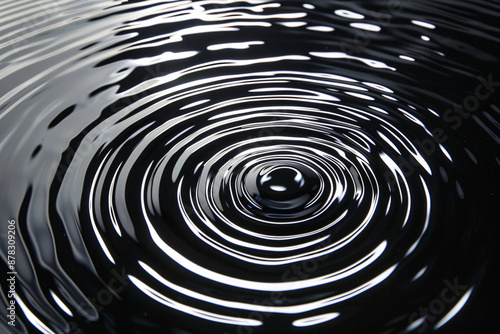 Close-up of concentric water ripples on a black reflective surface