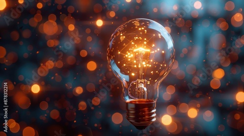 Close-up of a glowing light bulb with a dynamic orange and blue bokeh background, symbolizing creativity and innovation.