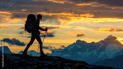 Silhouette of Adventurous Hiker with Backpack Conquering the Peak at Sunrise