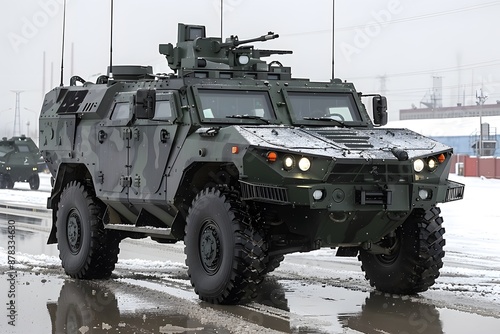 Armored Military Vehicle on Snowy Road