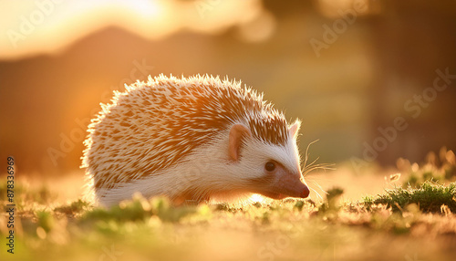 Portrait of hedgehog on green grass. Small cute mammal. Natural habitat. Summer or spring season.