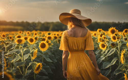 Woman with wide-brimmed hat and sundress walking through sunflower field