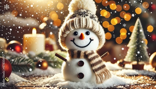 Closeup of a cute funny laughing snowman with a wool hat and scarf, standing on a snowy snowscape