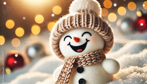 Closeup of a cute funny laughing snowman with a wool hat and scarf, standing on a snowy snowscape