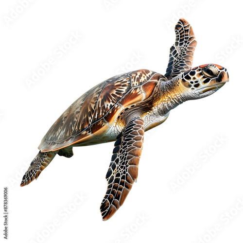 side view of a graceful sea turtle gliding, isolated transparent background