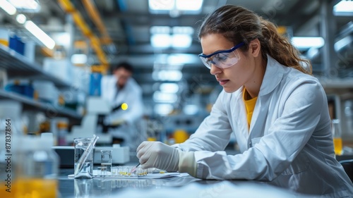 Female scientist concentrating on research in a high-tech lab, handling samples with precision and dedication, emphasizing scientific progress.