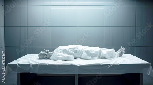 Eerie scene featuring a body wrapped in white shroud on an autopsy table in a dimly-lit room