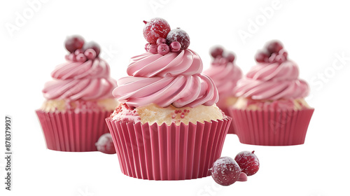 Collection of Pink cupcakes with raspberry frosting. Isolated on transparent background.