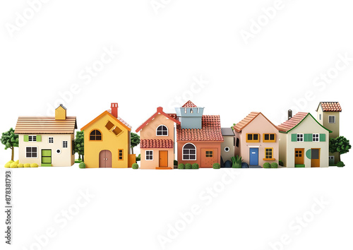 Row of colorful houses in a small town setting. Isolated on a transparent background.