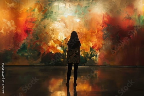 A woman stands in front of an abstract mural painted with warm and dynamic colors inside an art gallery, captivated by the vibrant and expressive brush strokes that create a rich visual experience.