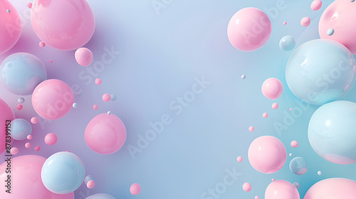 fondo azul liso con espacio para copiar con globos y pelotas de colores pastel como decoracion y diseño, invitacion digital de cumpleaños o celebracion