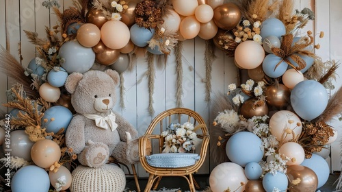 A beautiful large teddy bear sits next to a wicker chair, encompassed by an arch of blue and gold balloons and adorned with dried flowers, creating a festive ambiance.