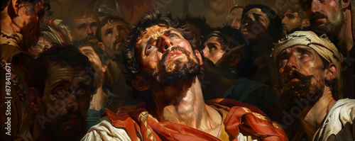 The martyrdom of Stephen with him looking up to heaven and seeing Jesus at the right hand of God. The angry crowd surrounds him, but his face shines with peace.