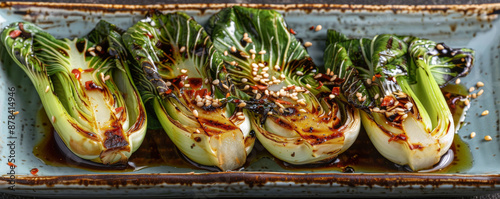 Grilled bok choy with char marks, floating with a splash of sesame oil, garnished with sesame seeds and chili flakes.