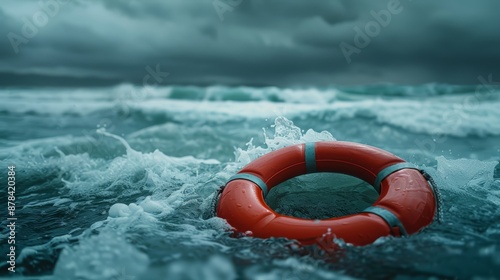 A red lifebuoy against a stormy sea close up, focus on, emergency rescue, realistic, silhouette, turbulent ocean backdrop