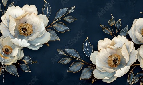 Fiori bianchi e foglie blu dorate su sfondo scuro creano un'elegante e armoniosa composizione artistica.