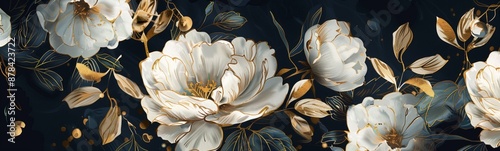 Fiori bianchi e foglie blu dorate su sfondo scuro creano un'elegante e armoniosa composizione artistica.
