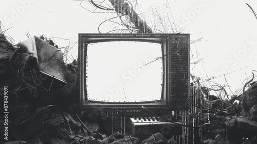 Black and white photo of an old television sitting in a pile of garbage. AIG535