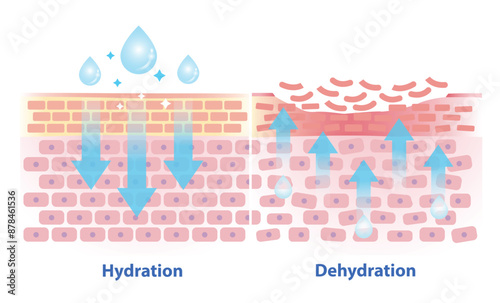 The mechanism of hydration and dehydration skin layer vector illustration isolated on white background. Comparison of skin absorb water, moisture and dry skin lacks water in the uppermost layer.